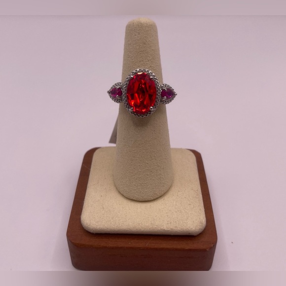 Simulated Ruby Rhinestone Ring - Silver Toned Victorian Setting Stainless Steel - Picture 5 of 15